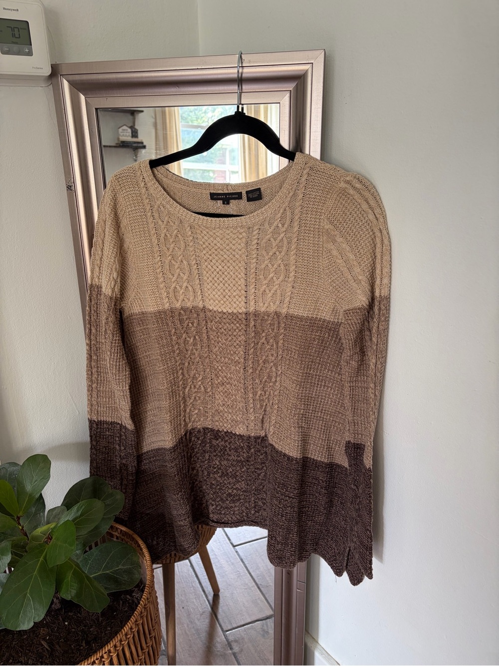 Jeanne Pierre Women's Cable Knit Colorblock Sweater Brown Tan Size S